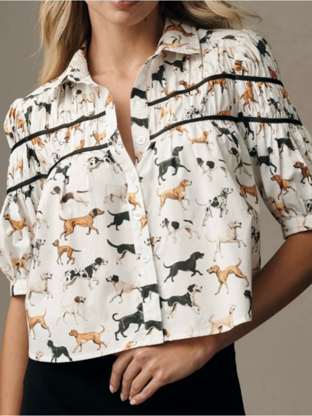 Anthropologie White Dog-Print Button Front Blouse